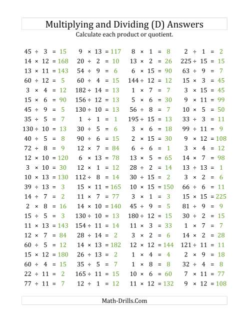 The 100 Horizontal Multiplication/Division Questions (Facts 1 to 15) (D) Math Worksheet Page 2