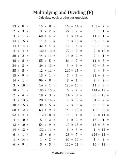 The 100 Horizontal Multiplication/Division Questions (Facts 1 to 15) (F) Math Worksheet