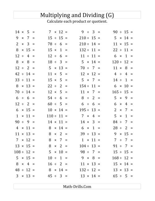 The 100 Horizontal Multiplication/Division Questions (Facts 1 to 15) (G) Math Worksheet