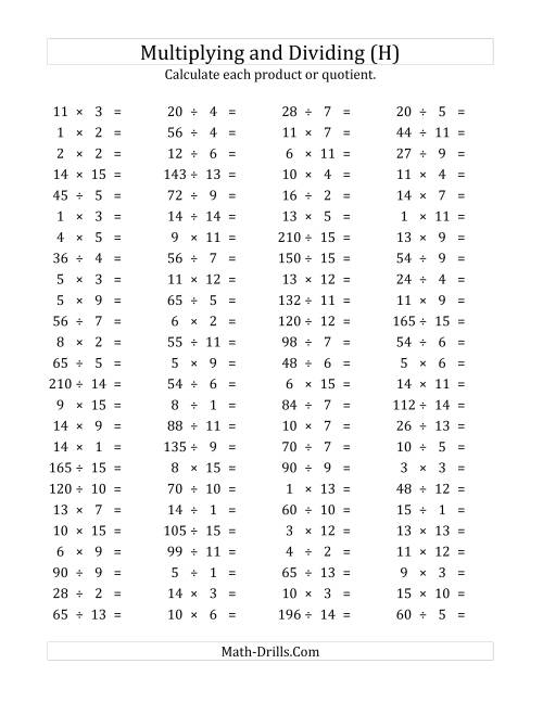 The 100 Horizontal Multiplication/Division Questions (Facts 1 to 15) (H) Math Worksheet