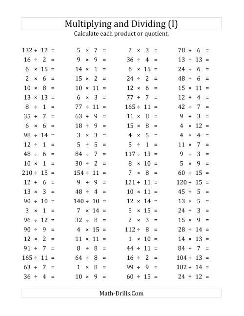 The 100 Horizontal Multiplication/Division Questions (Facts 1 to 15) (I) Math Worksheet