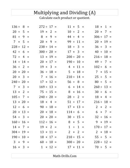 The 100 Horizontal Multiplication/Division Questions (Facts 1 to 20) (A) Math Worksheet
