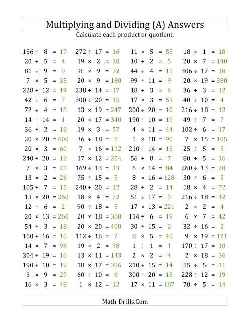 The 100 Horizontal Multiplication/Division Questions (Facts 1 to 20) (A) Math Worksheet Page 2