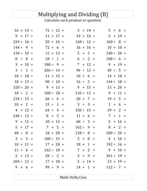 The 100 Horizontal Multiplication/Division Questions (Facts 1 to 20) (B) Math Worksheet