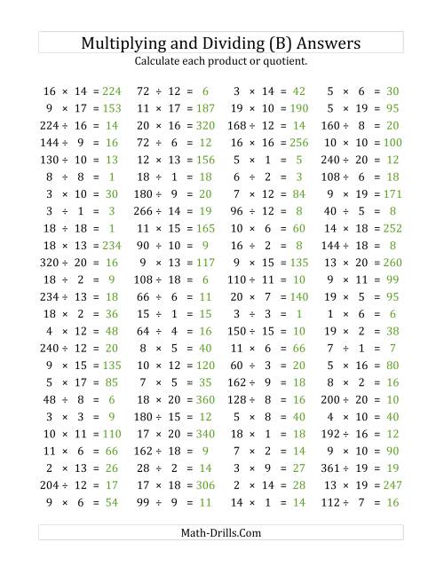 The 100 Horizontal Multiplication/Division Questions (Facts 1 to 20) (B) Math Worksheet Page 2