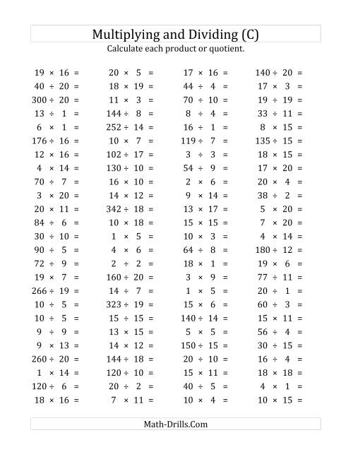 The 100 Horizontal Multiplication/Division Questions (Facts 1 to 20) (C) Math Worksheet