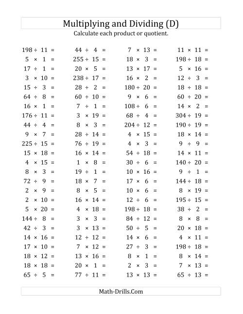 The 100 Horizontal Multiplication/Division Questions (Facts 1 to 20) (D) Math Worksheet