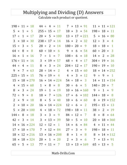 The 100 Horizontal Multiplication/Division Questions (Facts 1 to 20) (D) Math Worksheet Page 2