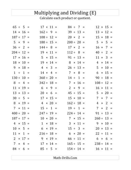 The 100 Horizontal Multiplication/Division Questions (Facts 1 to 20) (E) Math Worksheet