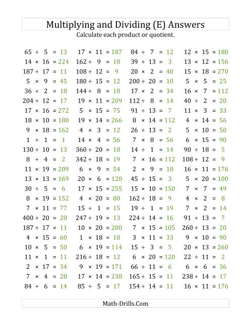 The 100 Horizontal Multiplication/Division Questions (Facts 1 to 20) (E) Math Worksheet Page 2