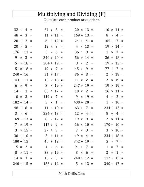 The 100 Horizontal Multiplication/Division Questions (Facts 1 to 20) (F) Math Worksheet