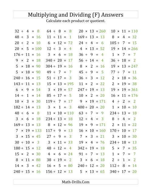 The 100 Horizontal Multiplication/Division Questions (Facts 1 to 20) (F) Math Worksheet Page 2