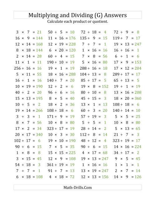 The 100 Horizontal Multiplication/Division Questions (Facts 1 to 20) (G) Math Worksheet Page 2