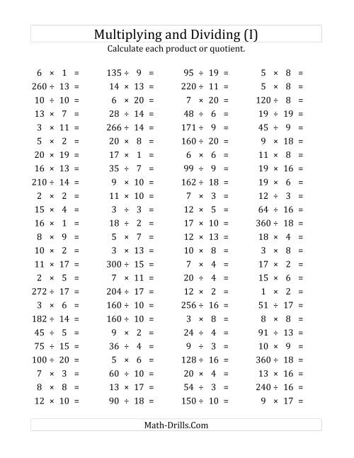 The 100 Horizontal Multiplication/Division Questions (Facts 1 to 20) (I) Math Worksheet