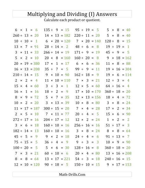 The 100 Horizontal Multiplication/Division Questions (Facts 1 to 20) (I) Math Worksheet Page 2