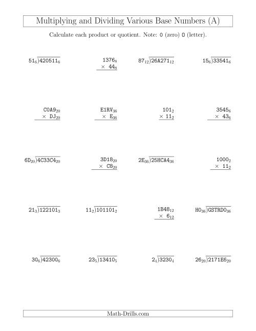 The Multiplying and Dividing Various Base Numbers (A) Math Worksheet