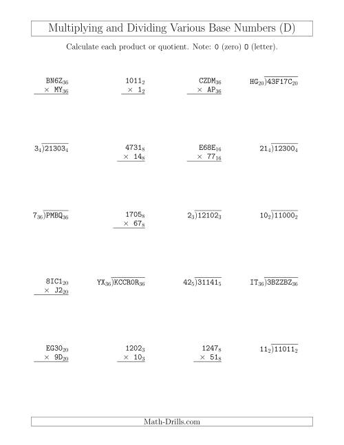 The Multiplying and Dividing Various Base Numbers (D) Math Worksheet