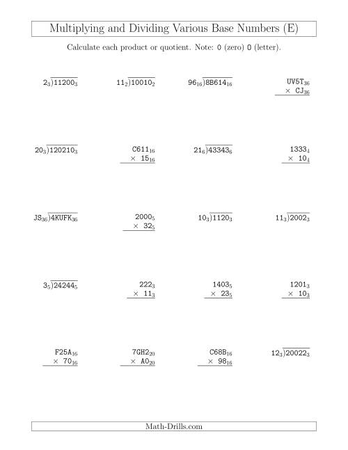 The Multiplying and Dividing Various Base Numbers (E) Math Worksheet