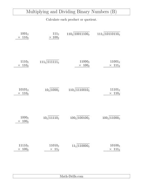 The Multiplying and Dividing Binary Numbers (Base 2) (B) Math Worksheet