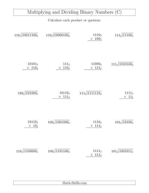 The Multiplying and Dividing Binary Numbers (Base 2) (C) Math Worksheet