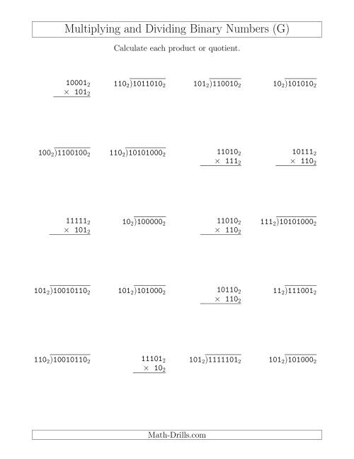 The Multiplying and Dividing Binary Numbers (Base 2) (G) Math Worksheet