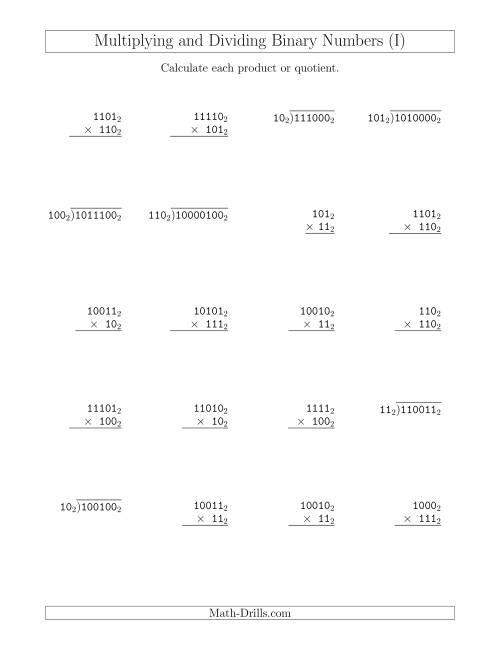 The Multiplying and Dividing Binary Numbers (Base 2) (I) Math Worksheet