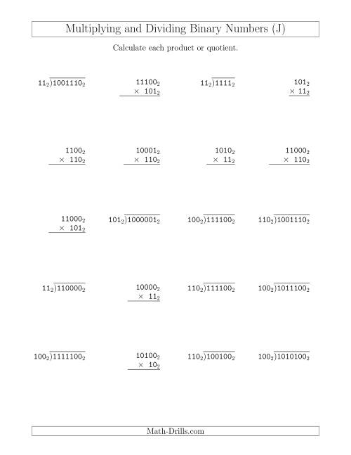 The Multiplying and Dividing Binary Numbers (Base 2) (J) Math Worksheet