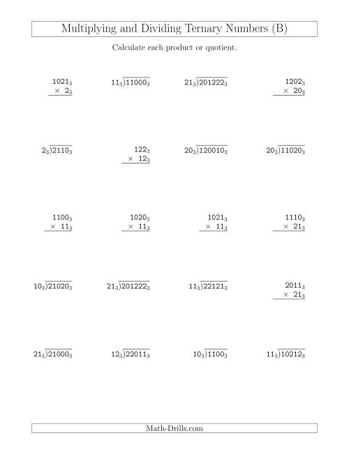 The Multiplying and Dividing Ternary Numbers (Base 3) (B) Math Worksheet