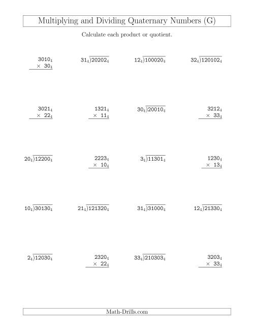 The Multiplying and Dividing Quaternary Numbers (Base 4) (G) Math Worksheet