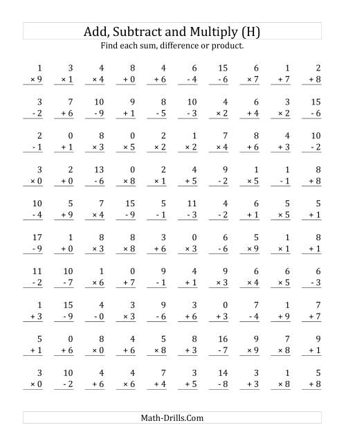 The Adding, Subtracting and Multiplying with Facts From 0 to 9 (H) Math Worksheet