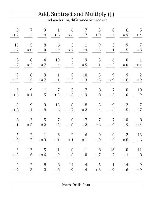 The Adding, Subtracting and Multiplying with Facts From 0 to 9 (J) Math Worksheet