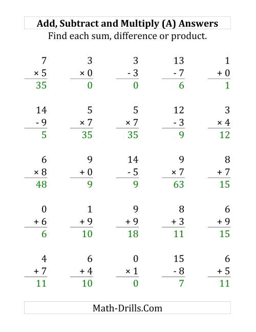 The Adding, Subtracting and Multiplying with Facts From 0 to 9 (A) Math Worksheet Page 2