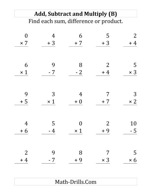 The Adding, Subtracting and Multiplying with Facts From 0 to 9 (B) Math Worksheet