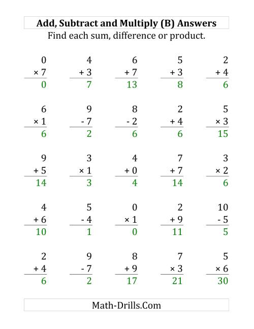 The Adding, Subtracting and Multiplying with Facts From 0 to 9 (B) Math Worksheet Page 2