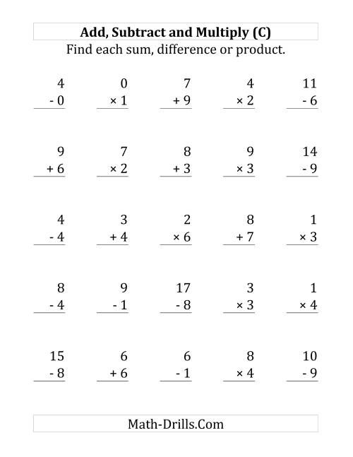 The Adding, Subtracting and Multiplying with Facts From 0 to 9 (C) Math Worksheet