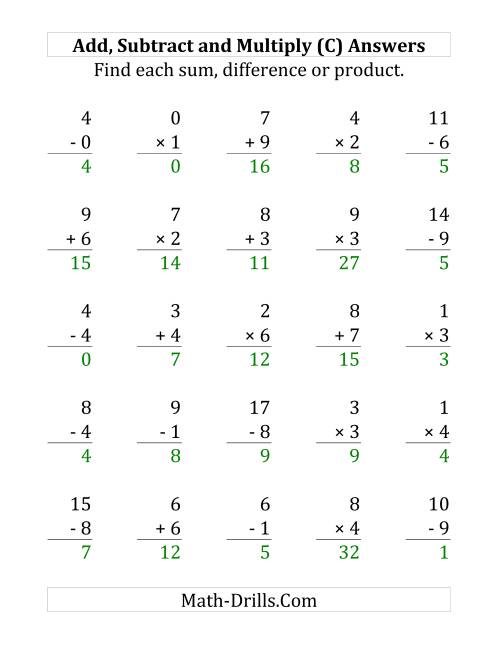 The Adding, Subtracting and Multiplying with Facts From 0 to 9 (C) Math Worksheet Page 2