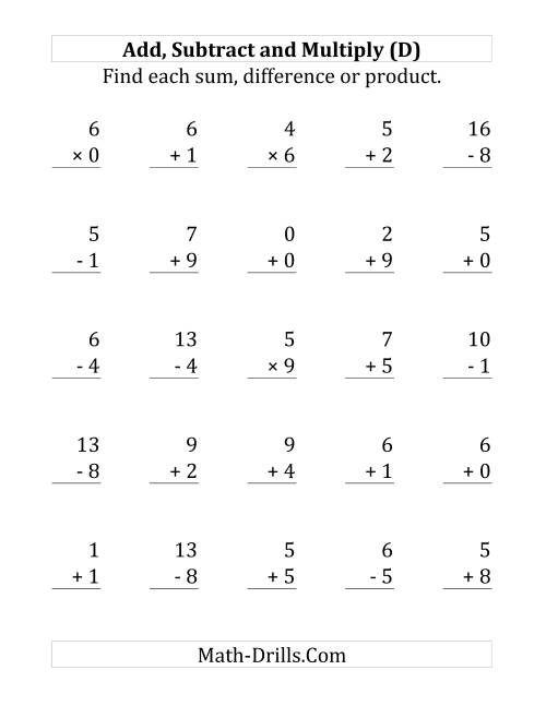 The Adding, Subtracting and Multiplying with Facts From 0 to 9 (D) Math Worksheet
