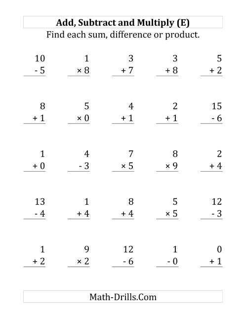 The Adding, Subtracting and Multiplying with Facts From 0 to 9 (E) Math Worksheet
