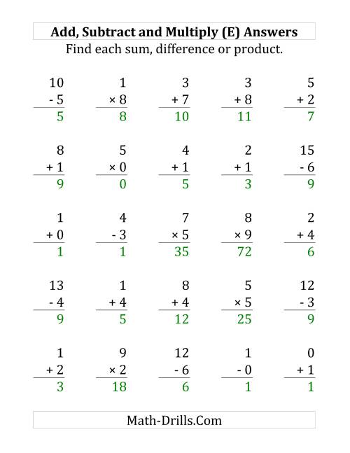 The Adding, Subtracting and Multiplying with Facts From 0 to 9 (E) Math Worksheet Page 2