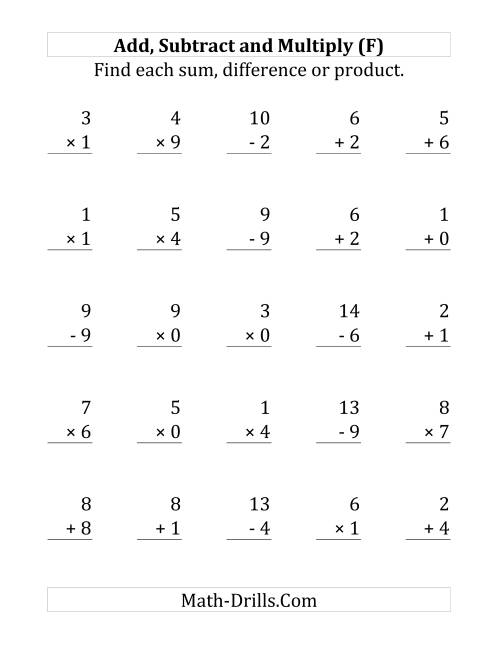 The Adding, Subtracting and Multiplying with Facts From 0 to 9 (F) Math Worksheet