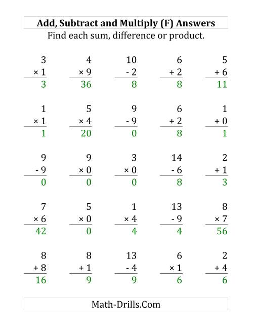 The Adding, Subtracting and Multiplying with Facts From 0 to 9 (F) Math Worksheet Page 2