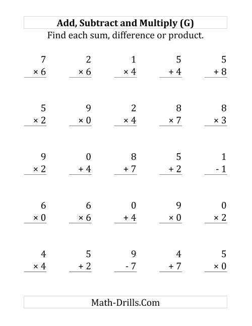 The Adding, Subtracting and Multiplying with Facts From 0 to 9 (G) Math Worksheet