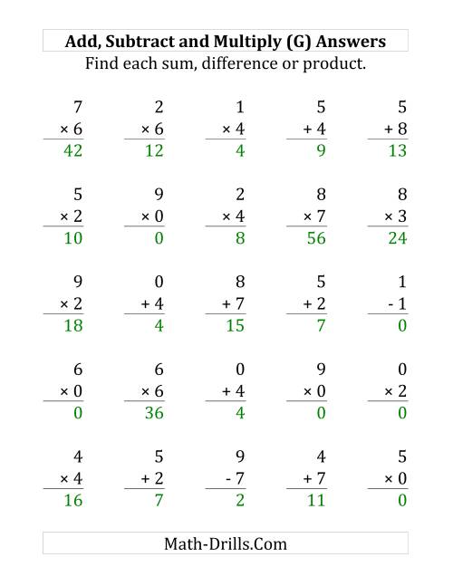 The Adding, Subtracting and Multiplying with Facts From 0 to 9 (G) Math Worksheet Page 2