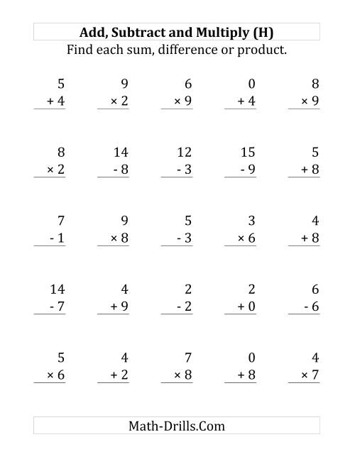 The Adding, Subtracting and Multiplying with Facts From 0 to 9 (H) Math Worksheet