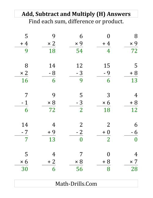 The Adding, Subtracting and Multiplying with Facts From 0 to 9 (H) Math Worksheet Page 2