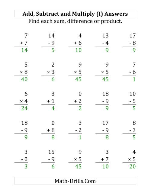 The Adding, Subtracting and Multiplying with Facts From 0 to 9 (I) Math Worksheet Page 2