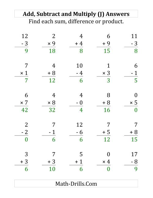 The Adding, Subtracting and Multiplying with Facts From 0 to 9 (J) Math Worksheet Page 2