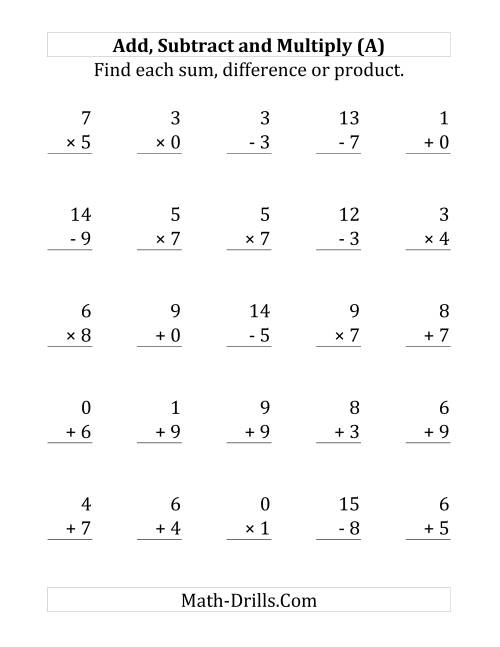 The Adding, Subtracting and Multiplying with Facts From 0 to 9 (Large Print) Math Worksheet
