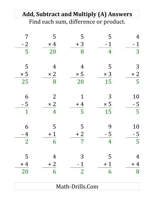 The Adding, Subtracting and Multiplying with Facts From 1 to 5 (A) Math Worksheet Page 2