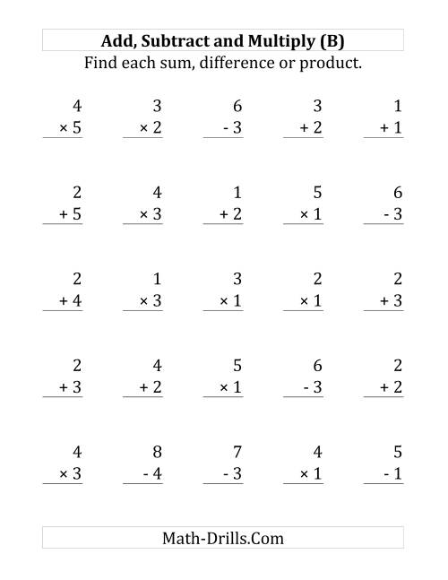 The Adding, Subtracting and Multiplying with Facts From 1 to 5 (B) Math Worksheet